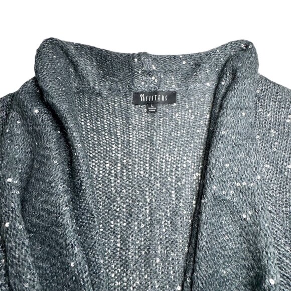 NWT Sisters Sequin Open Front Mohair Cardigan Sz L Gray Evening Sweater Holiday - Picture 5 of 13
